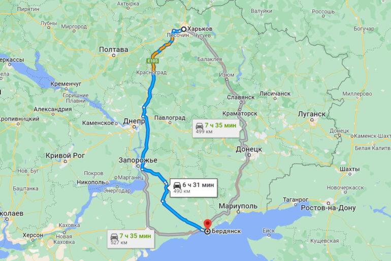 Карта проезда из Харькова в Бердянск