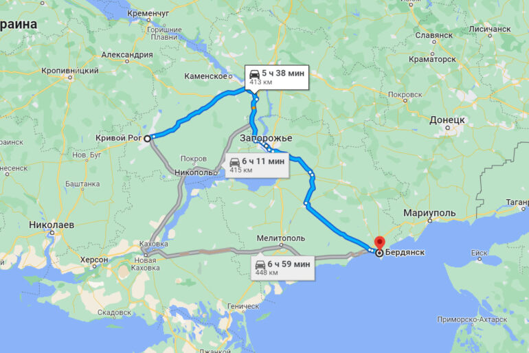 Карта проезда из Кривого Рога в Бердянск